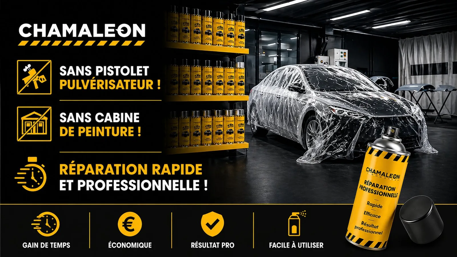 Aérosols carrosserie Chamäleon en atelier — réparation rapide et professionnelle sans pistolet pulvérisateur ni cabine de peinture : gain de temps, économique, résultat pro, facile à utiliser